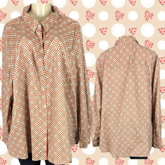 Catherines + 3X Beige-Red Dot Print Button Down Collar Coton Long Sleeve Shirt - Picture 1 of 6